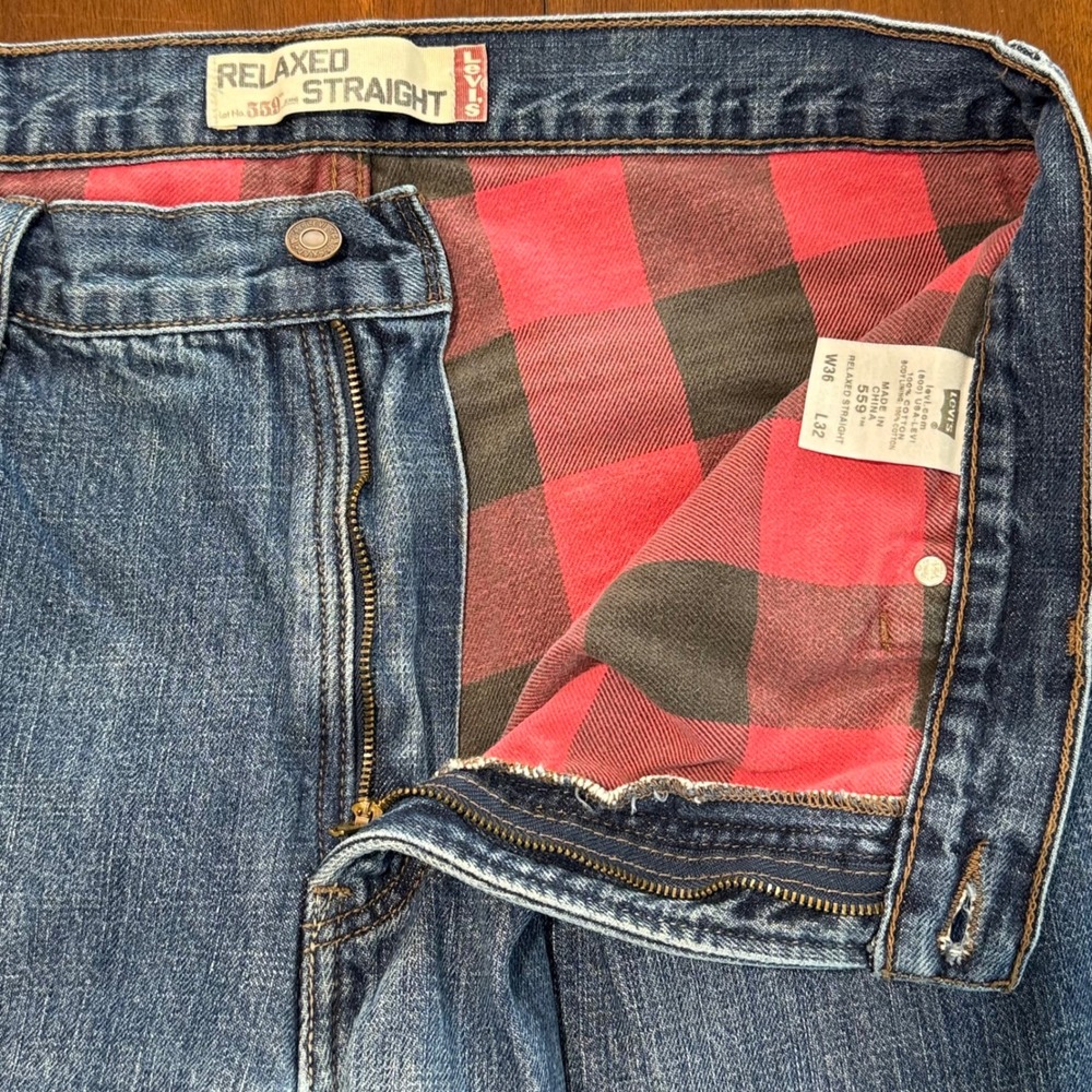 Levis 559 Mens Relaxed Straight Leg Flannel Lined Jeans Size 36 Measures 34x30 - Picture 5 of 11